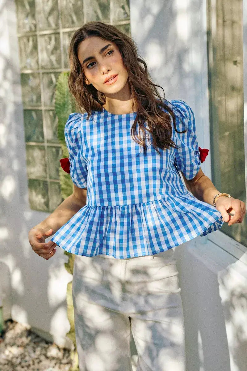 SO ME 4th Of July Gingham Ribbon Detail Short Sleeves Blouse  Style Ratio