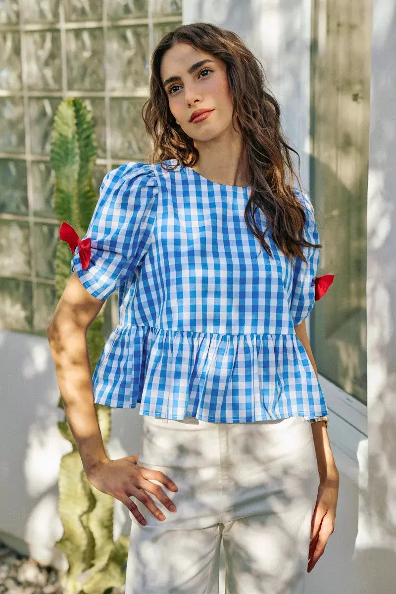 SO ME 4th Of July Gingham Ribbon Detail Short Sleeves Blouse  Style Ratio