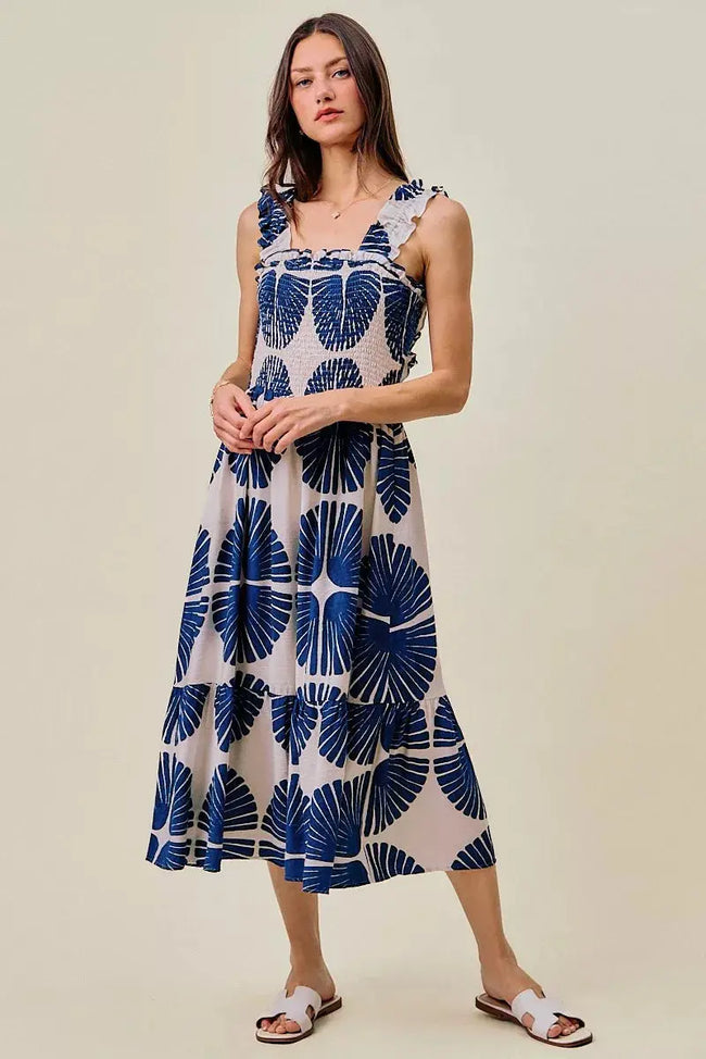 SO ME Abstract Print Smocked Bodice Tiered Lined Midi Dress  Style Ratio