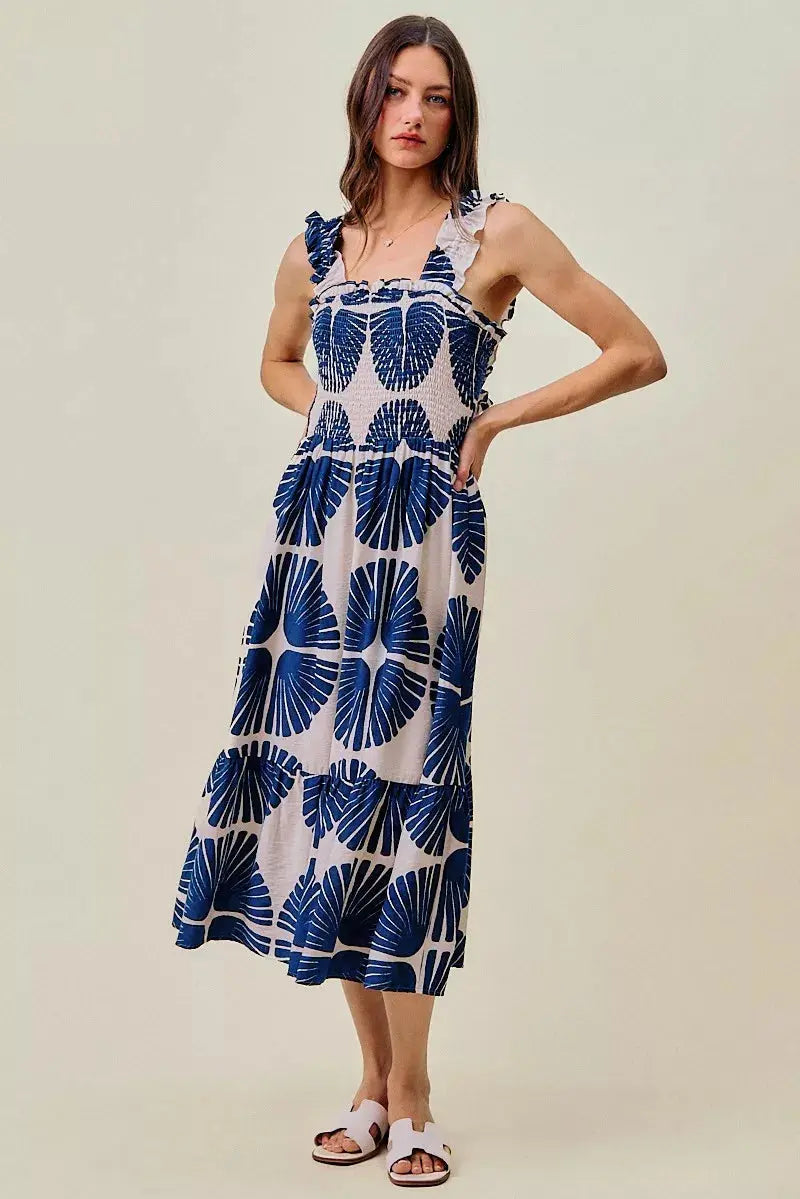 SO ME Abstract Print Smocked Bodice Tiered Lined Midi Dress  Style Ratio