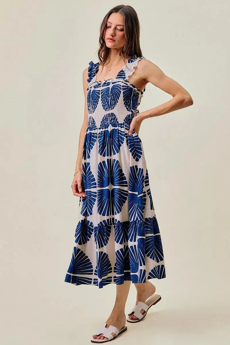 SO ME Abstract Print Smocked Bodice Tiered Lined Midi Dress  Style Ratio