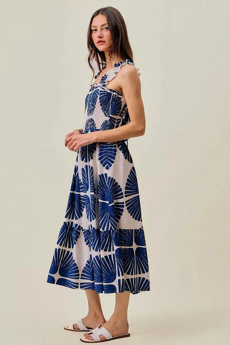 SO ME Abstract Print Smocked Bodice Tiered Lined Midi Dress  Style Ratio