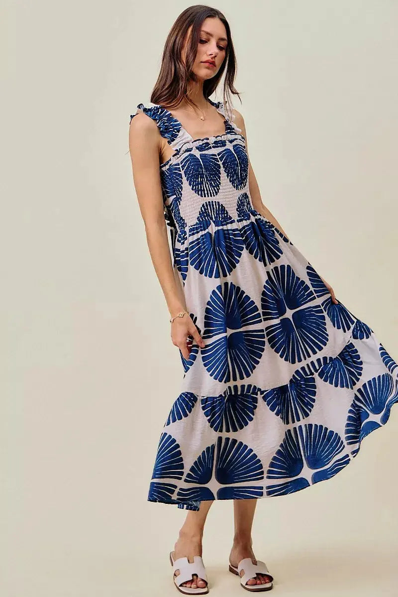 SO ME Abstract Print Smocked Bodice Tiered Lined Midi Dress  Style Ratio