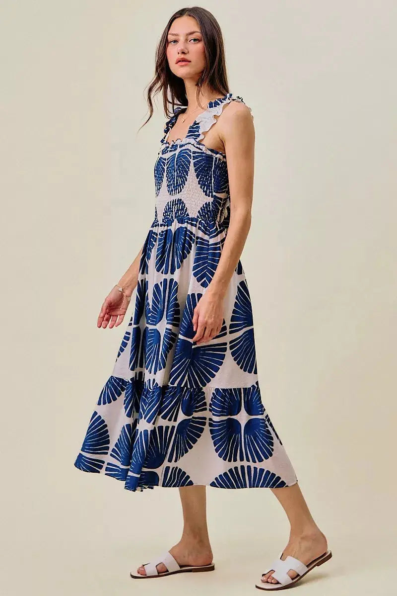 SO ME Abstract Print Smocked Bodice Tiered Lined Midi Dress  Style Ratio
