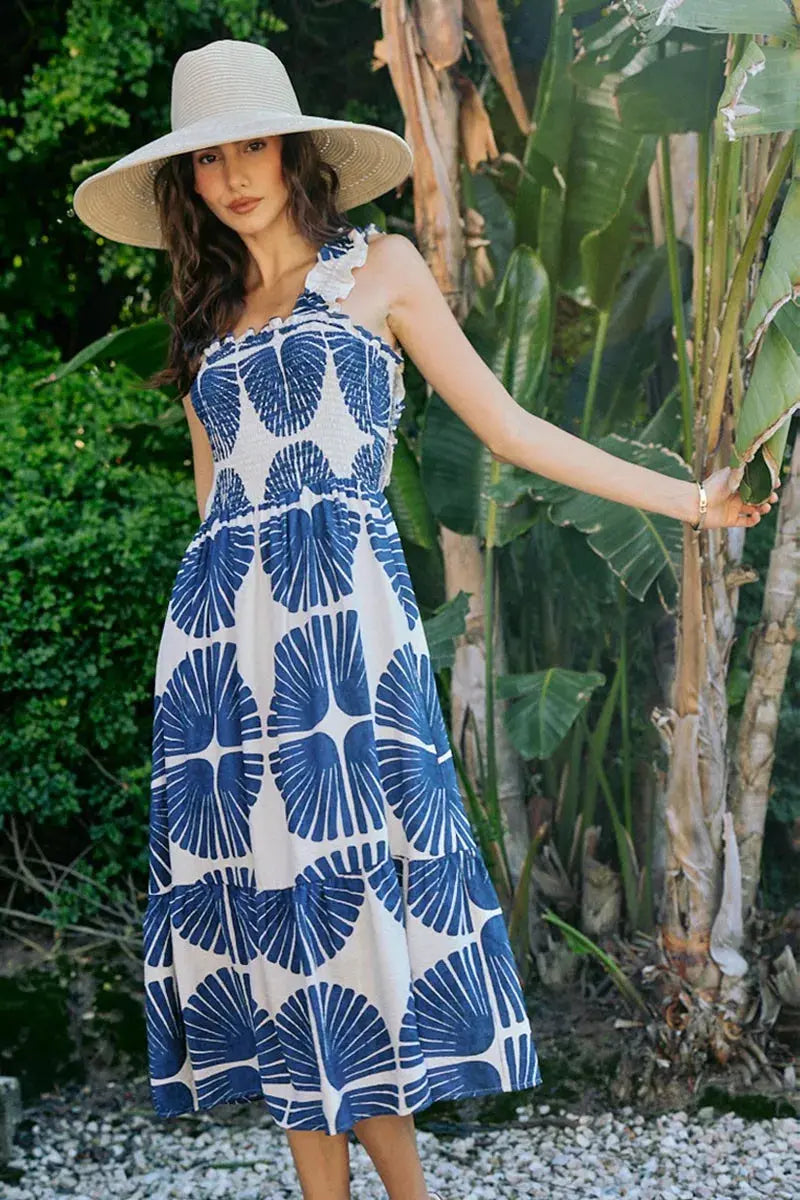 SO ME Abstract Print Smocked Bodice Tiered Lined Midi Dress  Style Ratio
