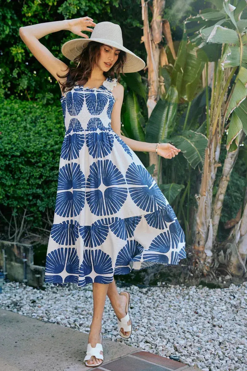 SO ME Abstract Print Smocked Bodice Tiered Lined Midi Dress  Style Ratio