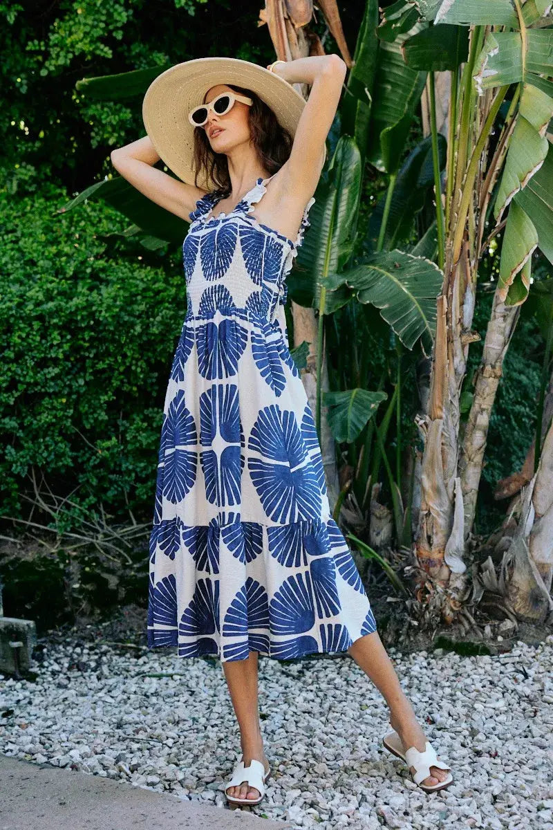 SO ME Abstract Print Smocked Bodice Tiered Lined Midi Dress  Style Ratio