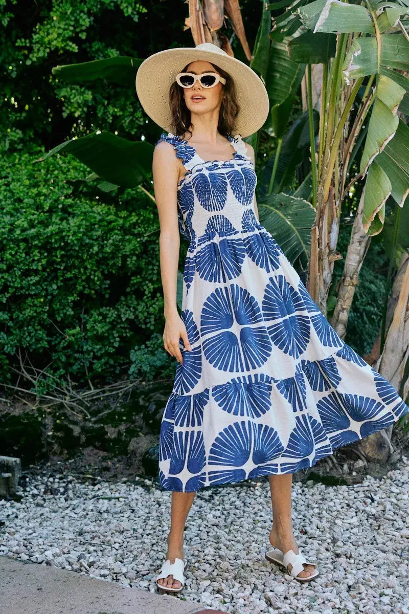 SO ME Abstract Print Smocked Bodice Tiered Lined Midi Dress  Style Ratio
