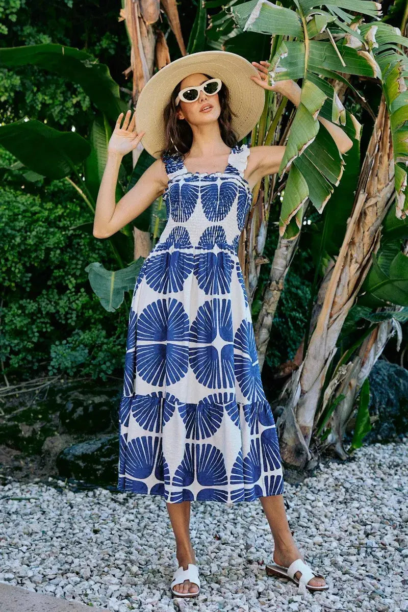 SO ME Abstract Print Smocked Bodice Tiered Lined Midi Dress  Style Ratio