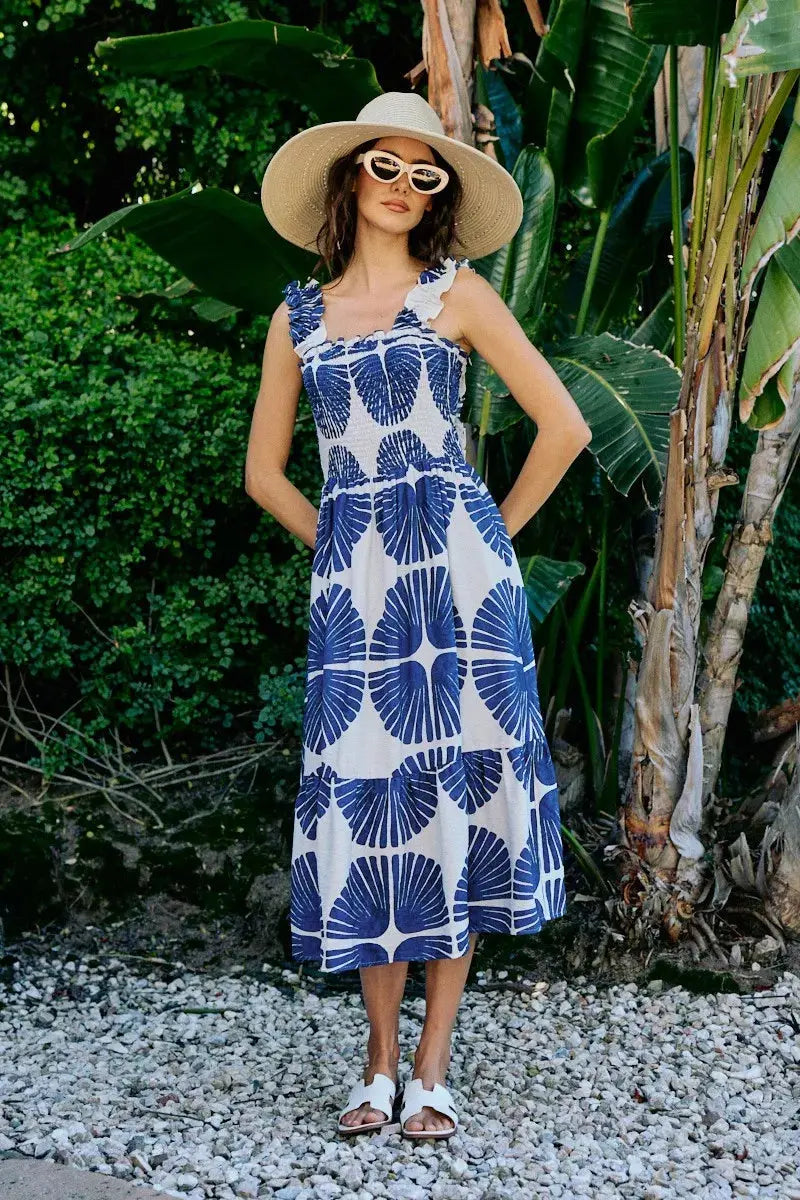 SO ME Abstract Print Smocked Bodice Tiered Lined Midi Dress  Style Ratio
