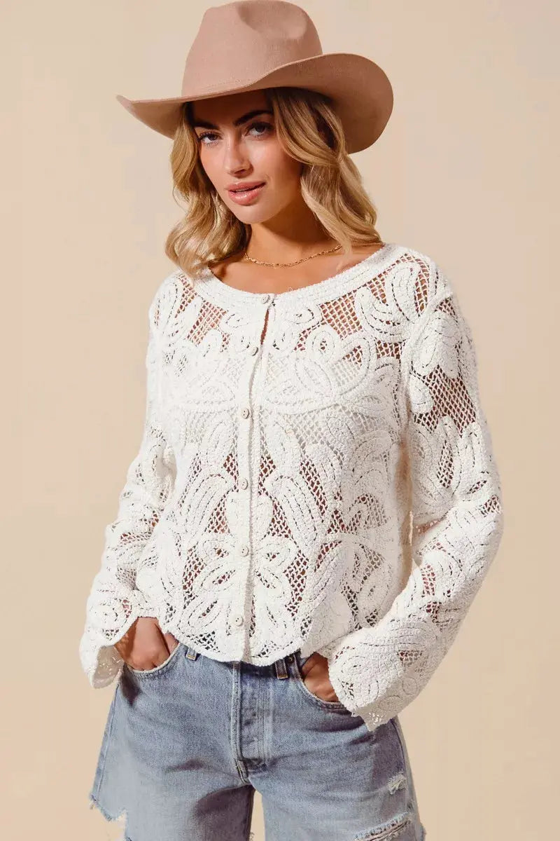 SO ME Button Front Floral Pattern Crochet Lace Cardigan  Style Ratio