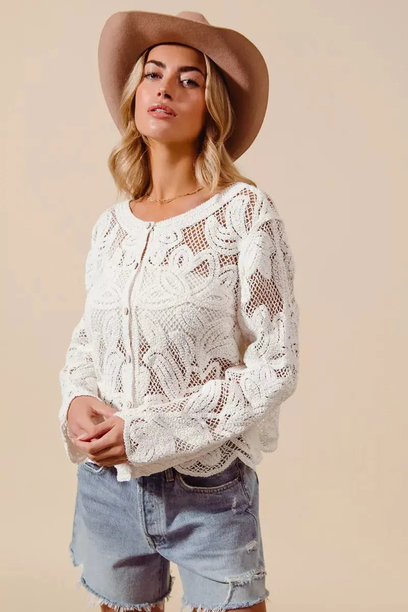 SO ME Button Front Floral Pattern Crochet Lace Cardigan  Style Ratio