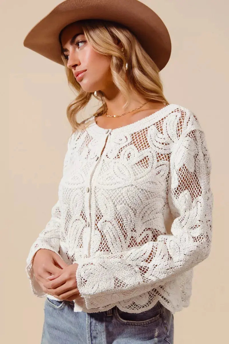 SO ME Button Front Floral Pattern Crochet Lace Cardigan  Style Ratio