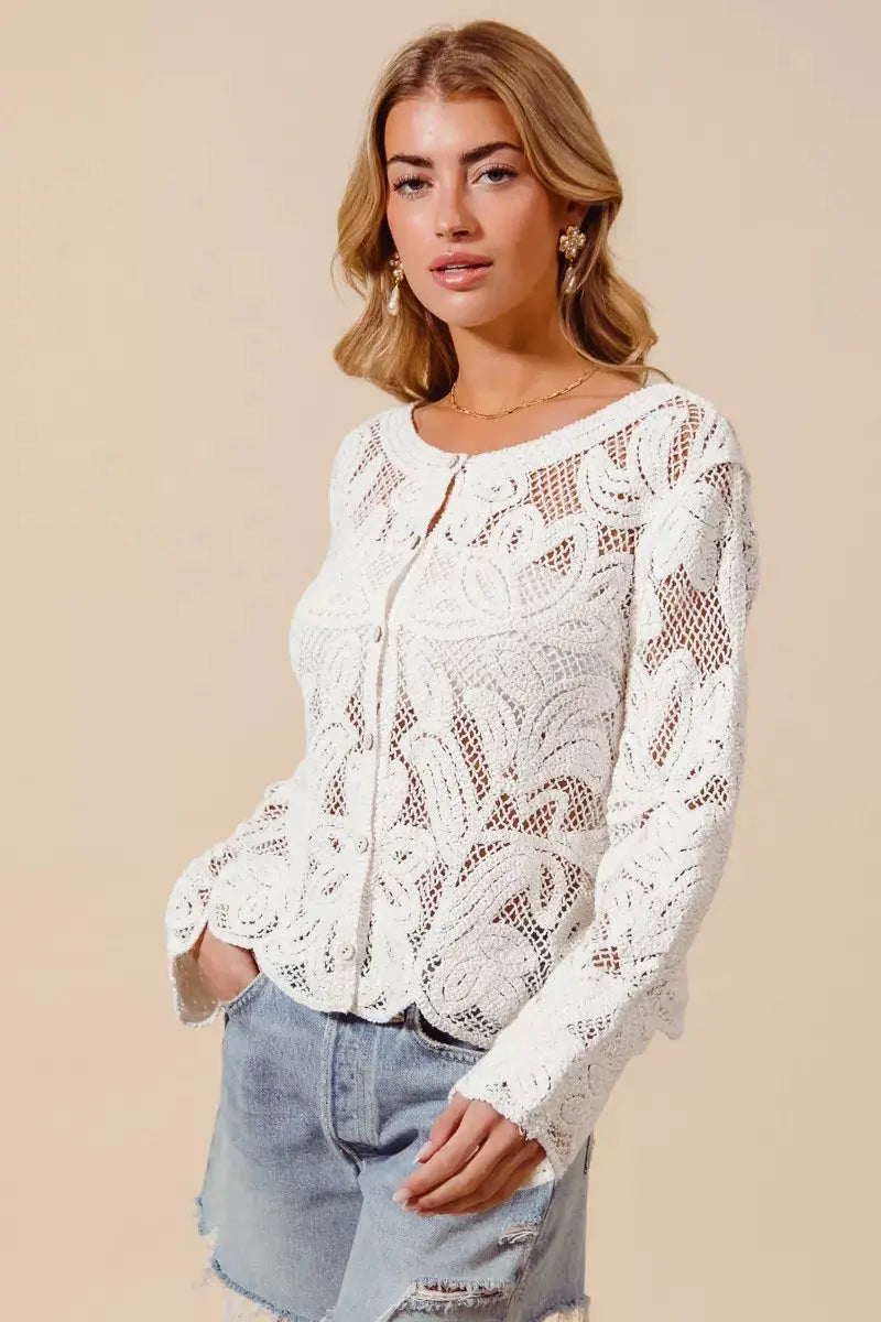 SO ME Button Front Floral Pattern Crochet Lace Cardigan  Style Ratio