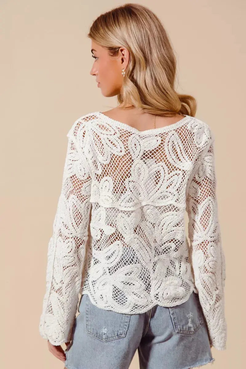 SO ME Button Front Floral Pattern Crochet Lace Cardigan  Style Ratio