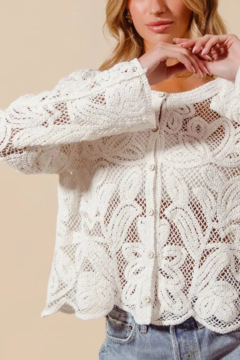 SO ME Button Front Floral Pattern Crochet Lace Cardigan  Style Ratio