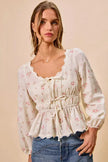 SO ME Floral Clip Dot Lace Trim Ruched Bodice Blouse  Style Ratio