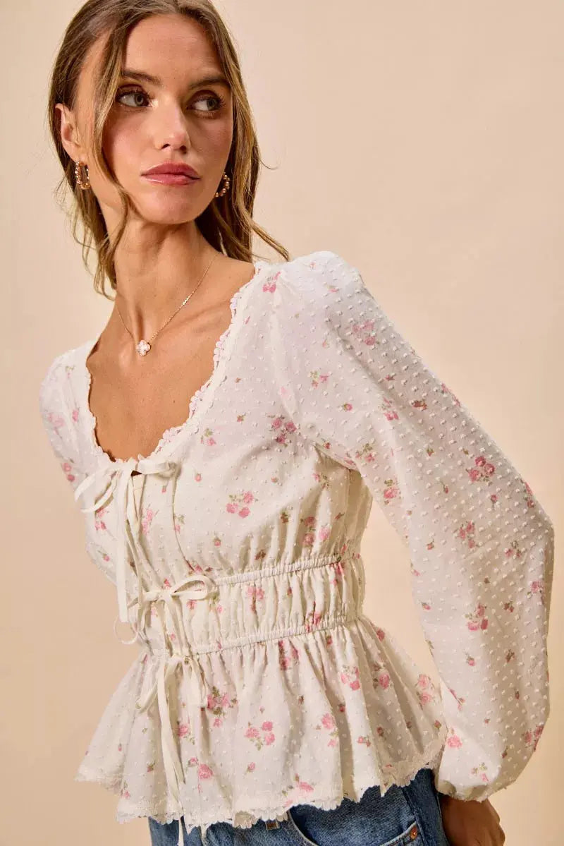 SO ME Floral Clip Dot Lace Trim Ruched Bodice Blouse  Style Ratio