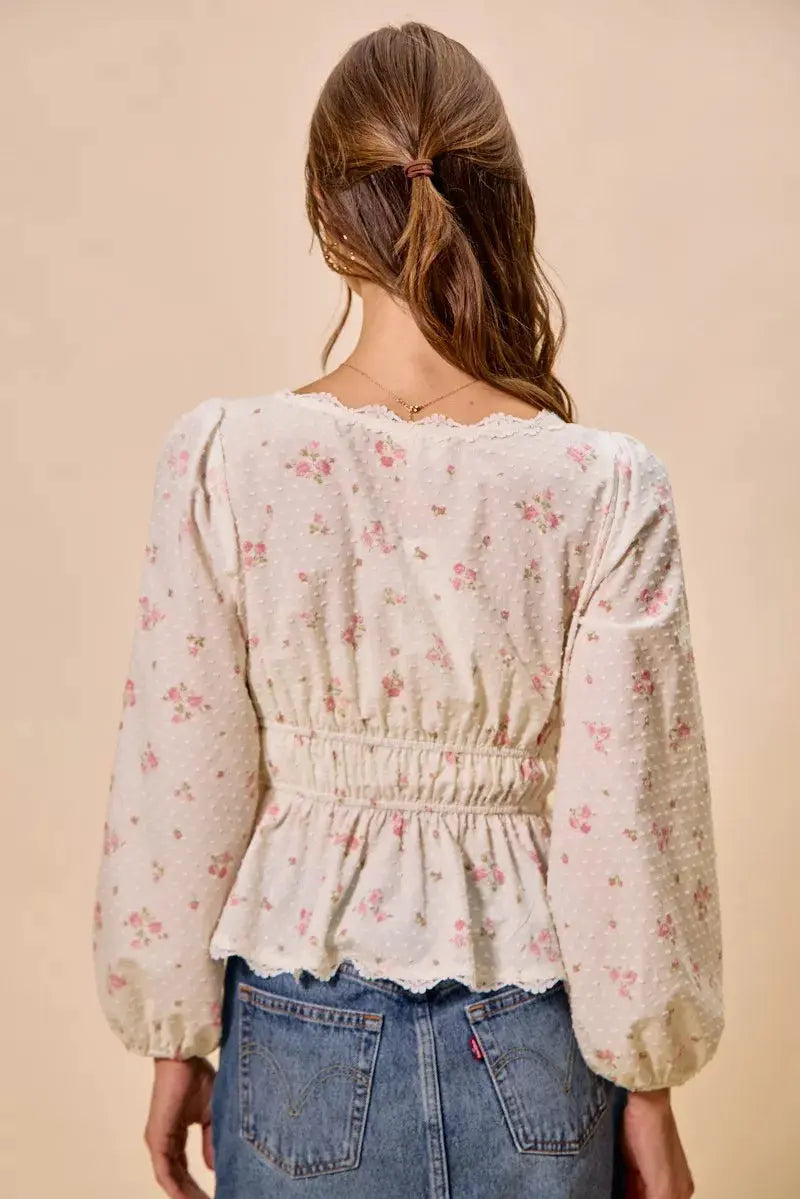 SO ME Floral Clip Dot Lace Trim Ruched Bodice Blouse  Style Ratio