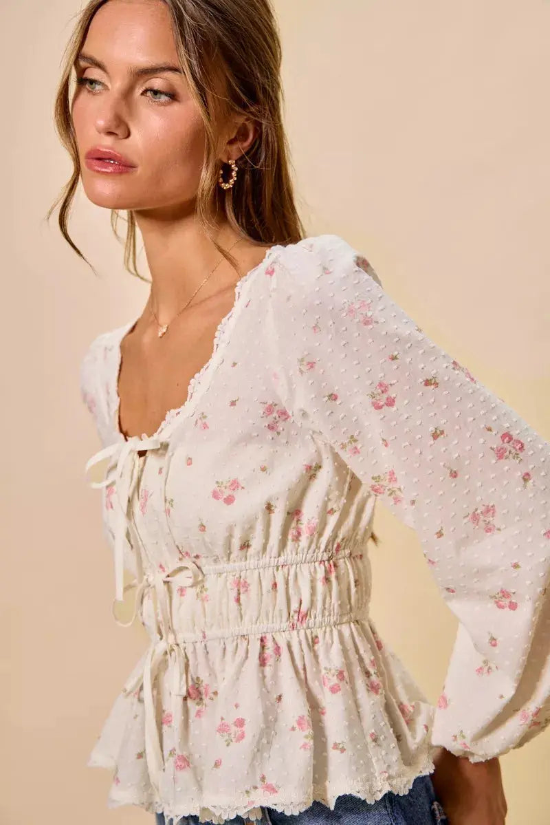 SO ME Floral Clip Dot Lace Trim Ruched Bodice Blouse  Style Ratio