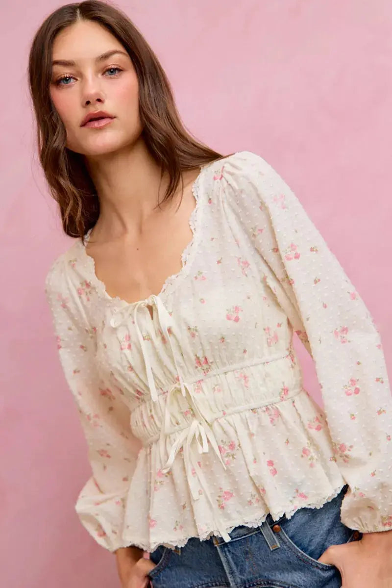 SO ME Floral Clip Dot Lace Trim Ruched Bodice Blouse  Style Ratio