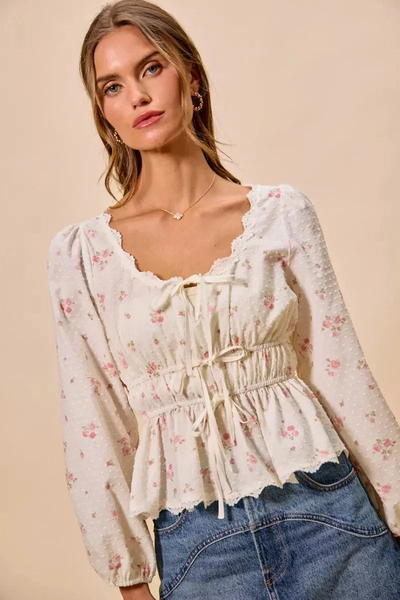 SO ME Floral Clip Dot Lace Trim Ruched Bodice Blouse  Style Ratio