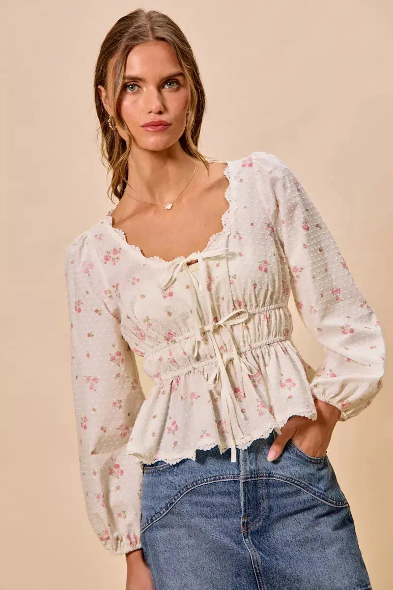 SO ME Floral Clip Dot Lace Trim Ruched Bodice Blouse  Style Ratio