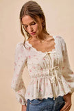 SO ME Floral Clip Dot Lace Trim Ruched Bodice Blouse  Style Ratio