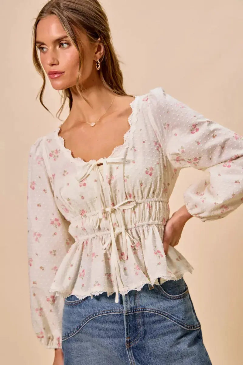 SO ME Floral Clip Dot Lace Trim Ruched Bodice Blouse  Style Ratio
