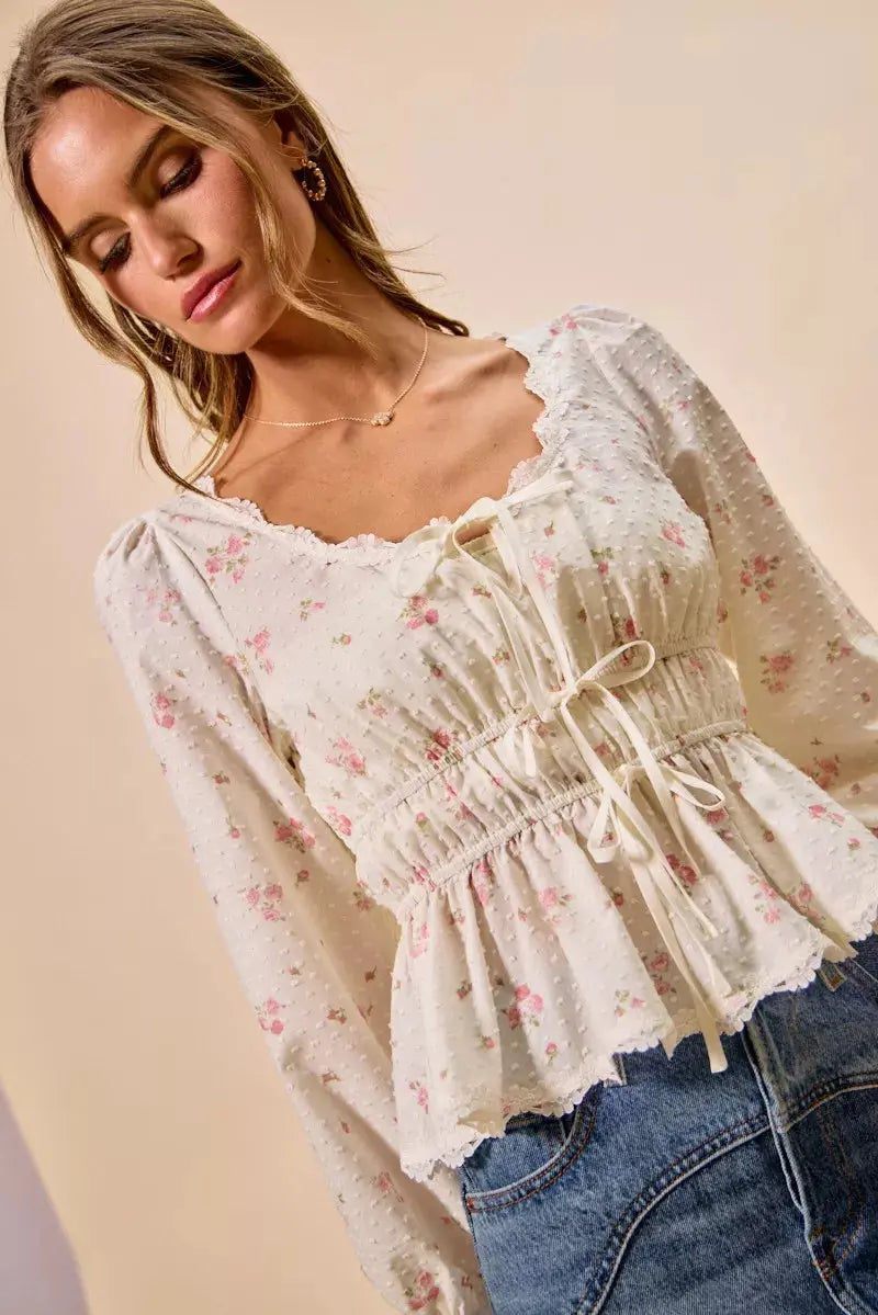SO ME Floral Clip Dot Lace Trim Ruched Bodice Blouse  Style Ratio