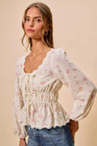 SO ME Floral Clip Dot Lace Trim Ruched Bodice Blouse  Style Ratio