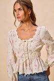 SO ME Floral Clip Dot Lace Trim Ruched Bodice Blouse  Style Ratio