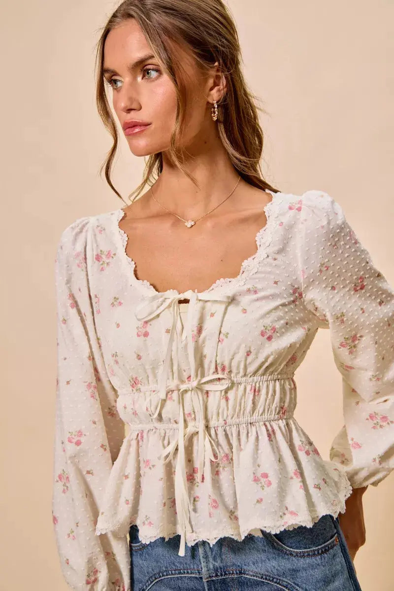 SO ME Floral Clip Dot Lace Trim Ruched Bodice Blouse  Style Ratio