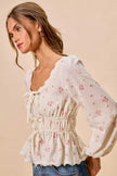 SO ME Floral Clip Dot Lace Trim Ruched Bodice Blouse  Style Ratio