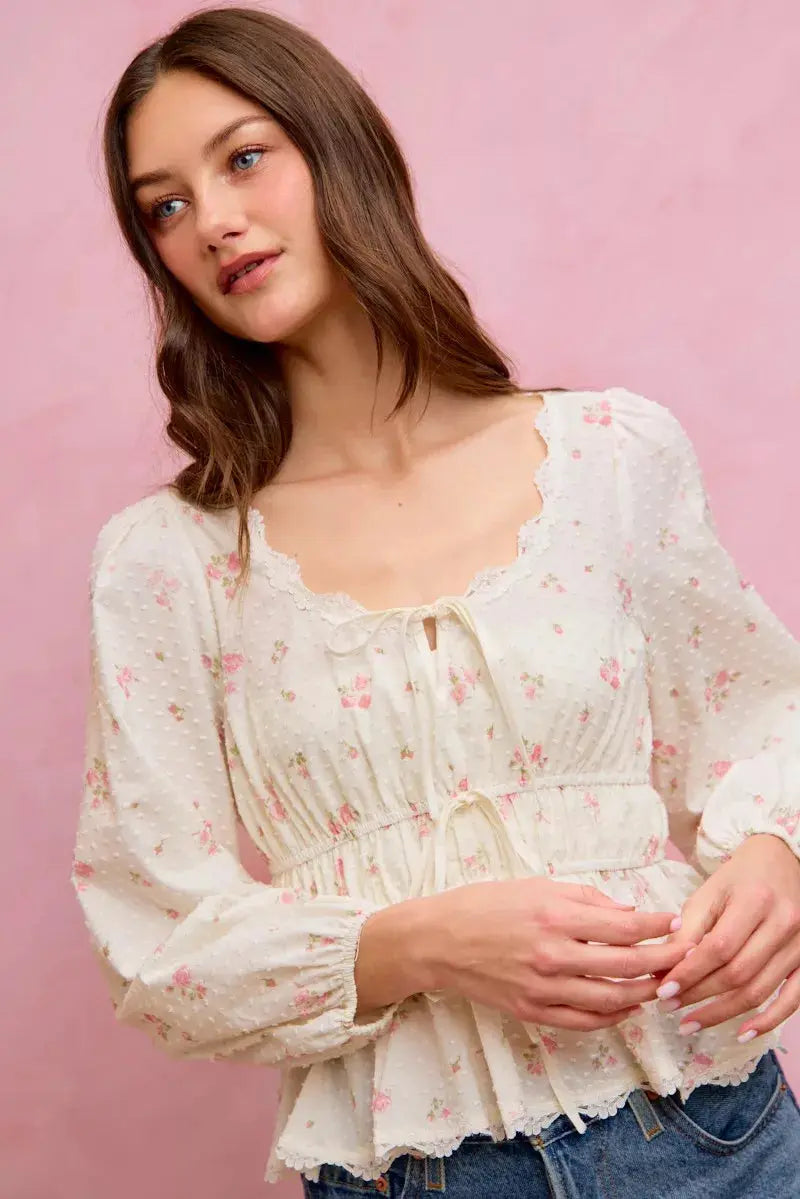 SO ME Floral Clip Dot Lace Trim Ruched Bodice Blouse  Style Ratio