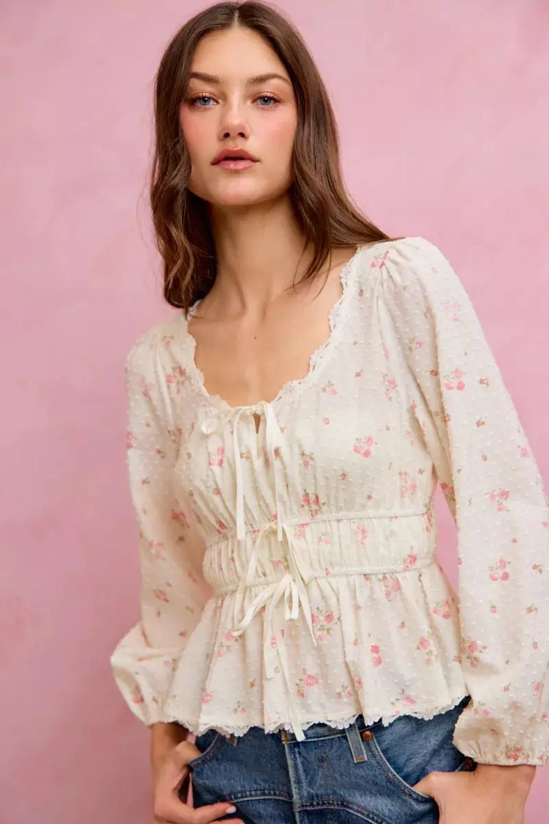 SO ME Floral Clip Dot Lace Trim Ruched Bodice Blouse  Style Ratio