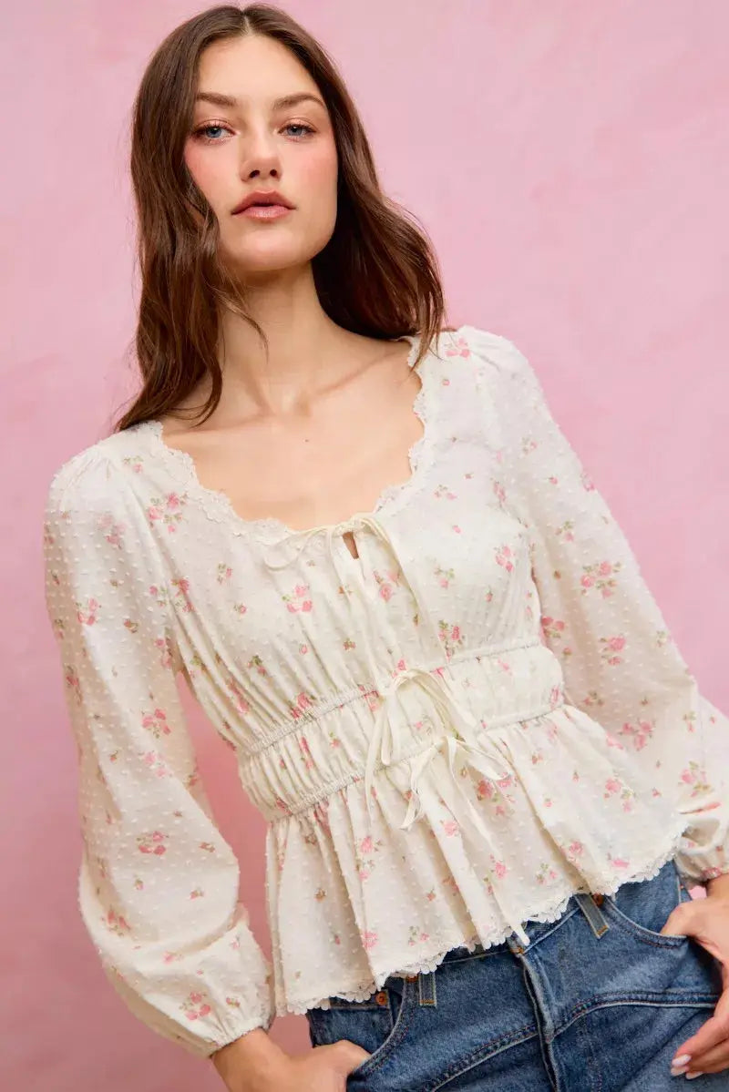 SO ME Floral Clip Dot Lace Trim Ruched Bodice Blouse  Style Ratio