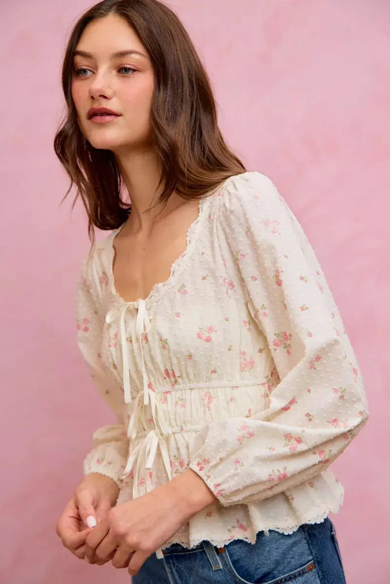SO ME Floral Clip Dot Lace Trim Ruched Bodice Blouse  Style Ratio