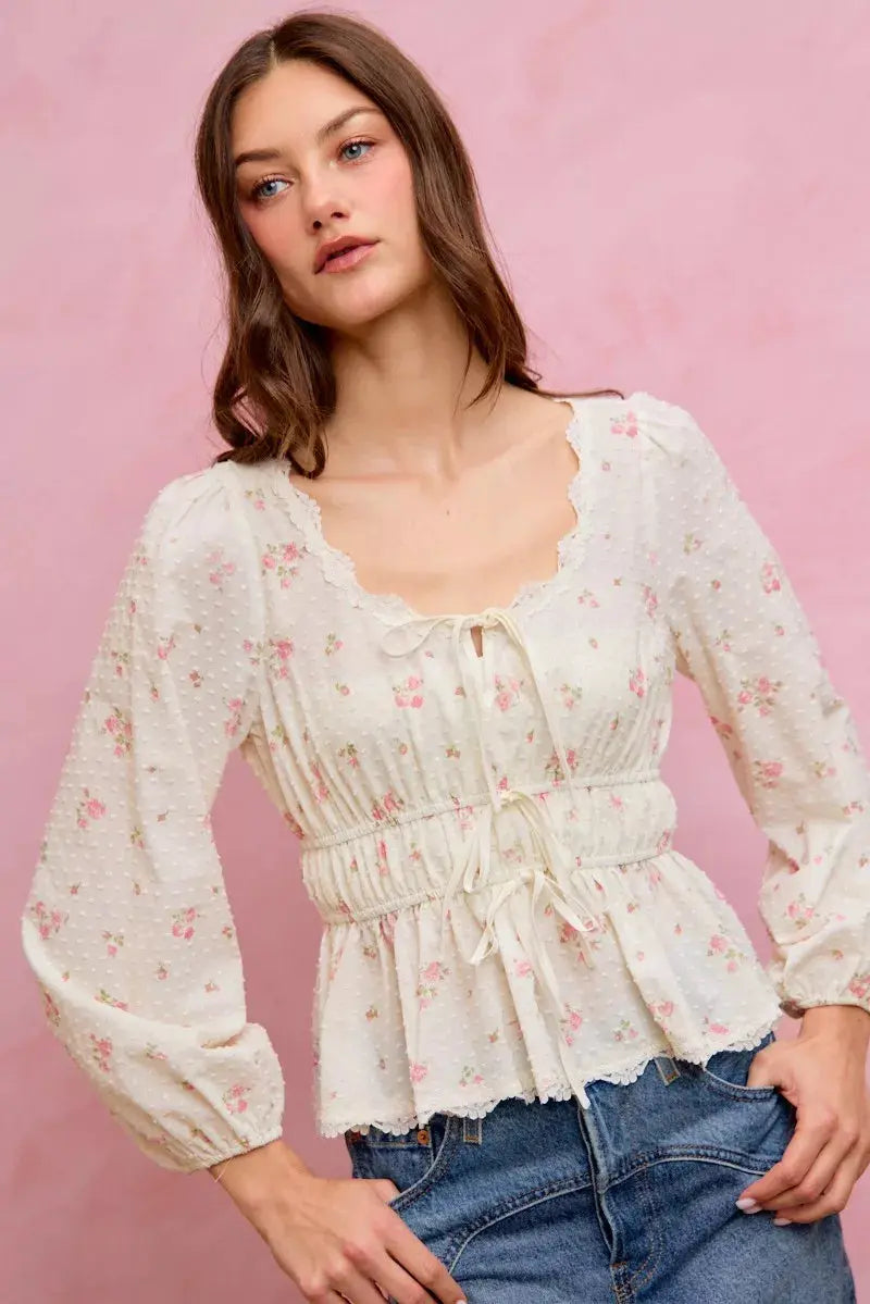 SO ME Floral Clip Dot Lace Trim Ruched Bodice Blouse  Style Ratio