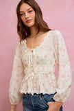 SO ME Floral Clip Dot Lace Trim Ruched Bodice Blouse  Style Ratio