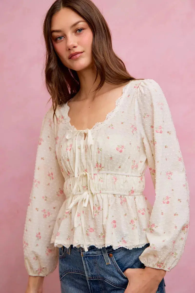 SO ME Floral Clip Dot Lace Trim Ruched Bodice Blouse  Style Ratio
