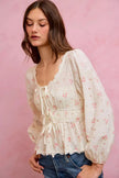 SO ME Floral Clip Dot Lace Trim Ruched Bodice Blouse  Style Ratio