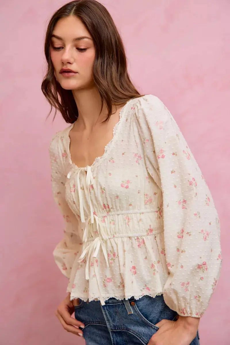 SO ME Floral Clip Dot Lace Trim Ruched Bodice Blouse  Style Ratio