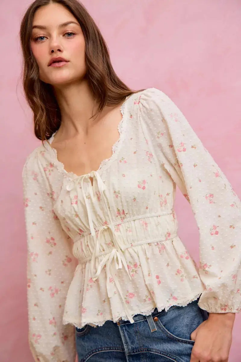 SO ME Floral Clip Dot Lace Trim Ruched Bodice Blouse  Style Ratio
