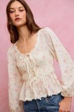 SO ME Floral Clip Dot Lace Trim Ruched Bodice Blouse  Style Ratio