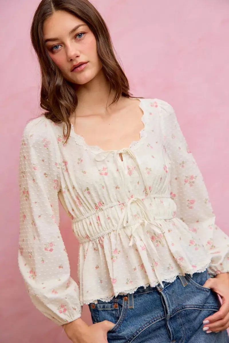 SO ME Floral Clip Dot Lace Trim Ruched Bodice Blouse  Style Ratio