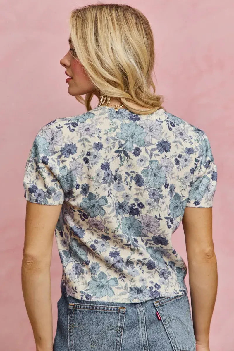 SO ME Floral Print Short Sleeves Sweater Knit Top  Style Ratio