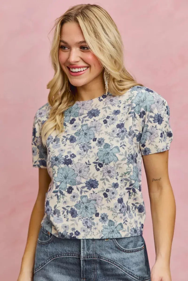 SO ME Floral Print Short Sleeves Sweater Knit Top  Style Ratio