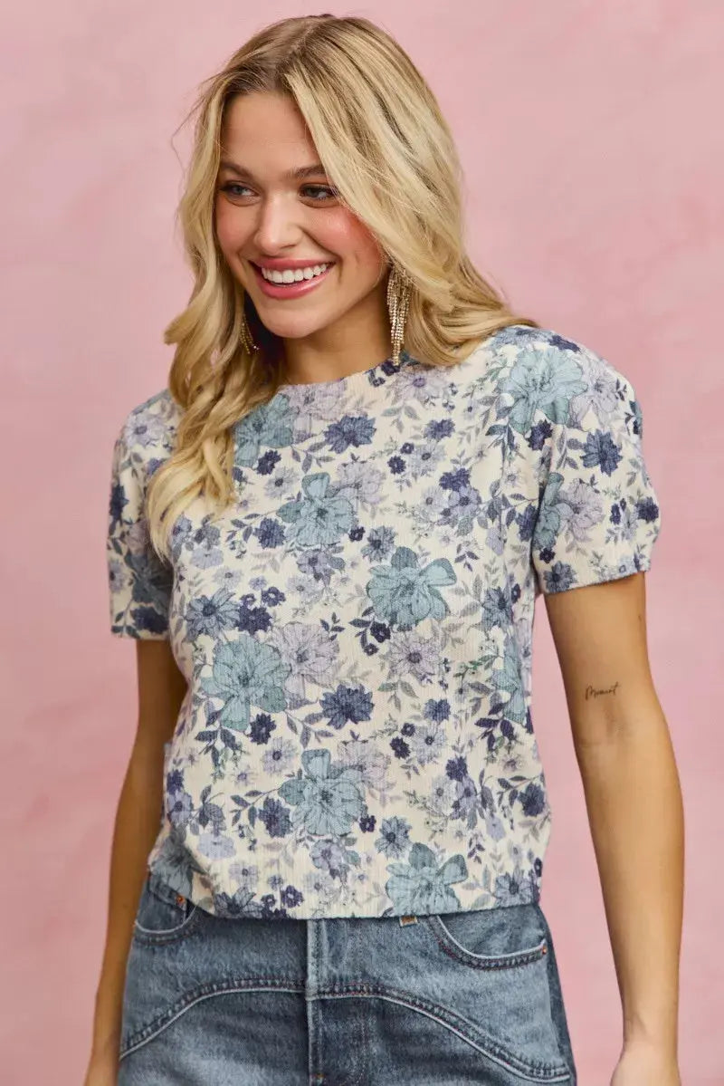 SO ME Floral Print Short Sleeves Sweater Knit Top  Style Ratio