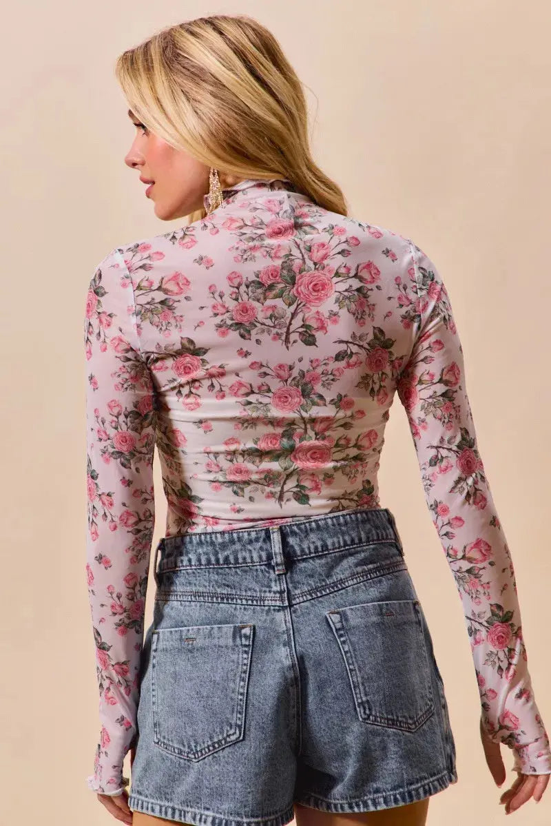 SO ME Floral Rose Print Mesh Sheer Layering Top  Style Ratio